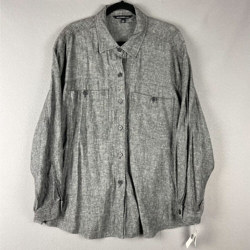 Zac and Rachel Linen Blend Tunic Top Womens 1X Gray Button Up Long Sleeve NWT